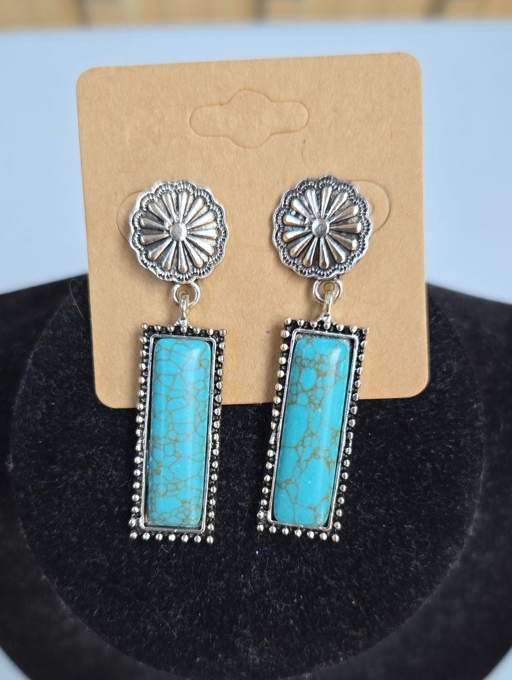 Silver Floral Drop Earrings with Turquoise Stone